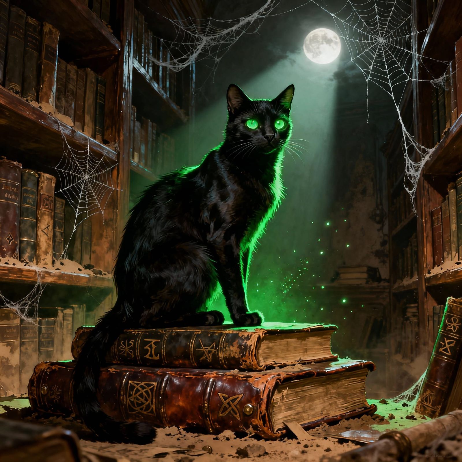Black Cat Familiar in Moonlit Library