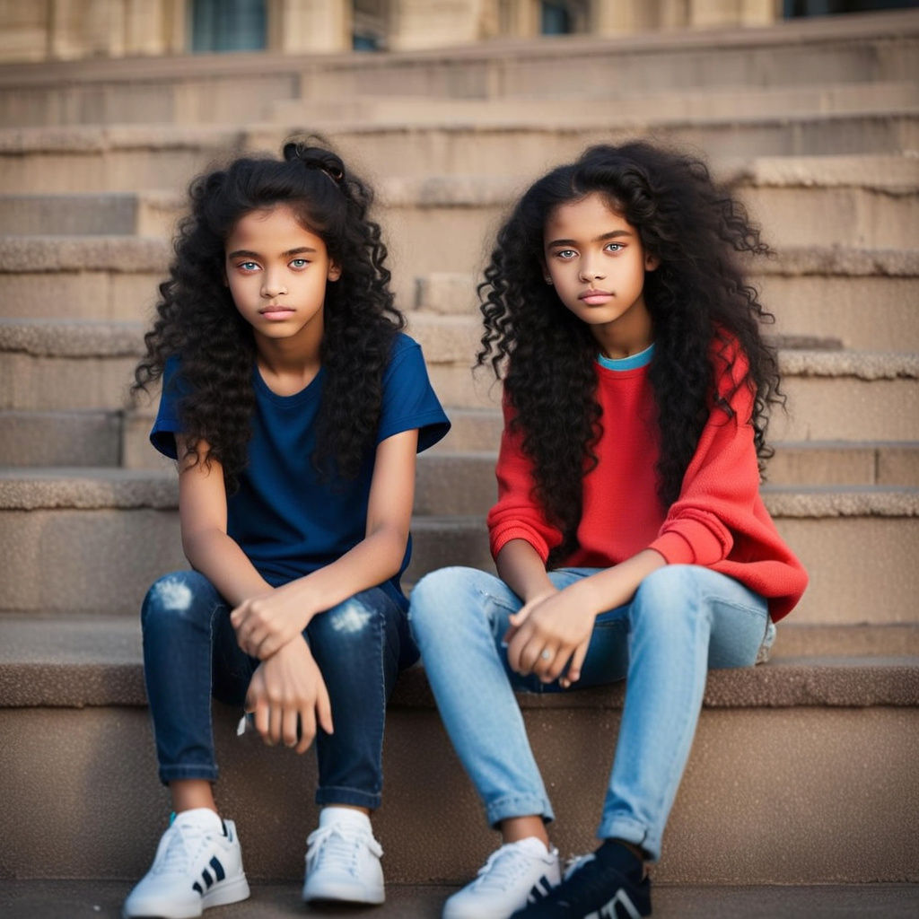 Twin Girls with Curly Black Hair and Blue Eyes