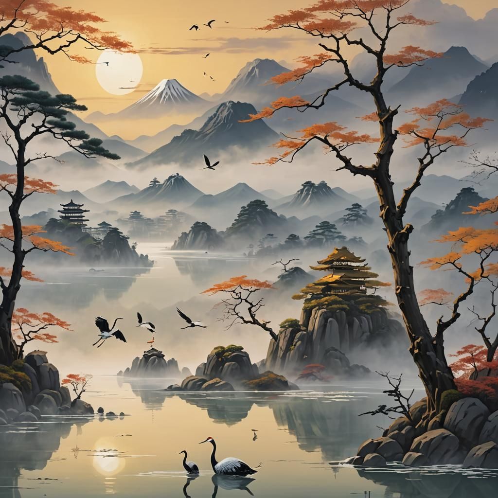 Japanese Landscape with Cranes: Anime-Inspired 3D Art