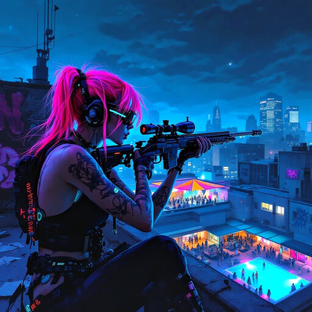 Cyberpunk Goddess Prepares for Battle Under Neon Lights