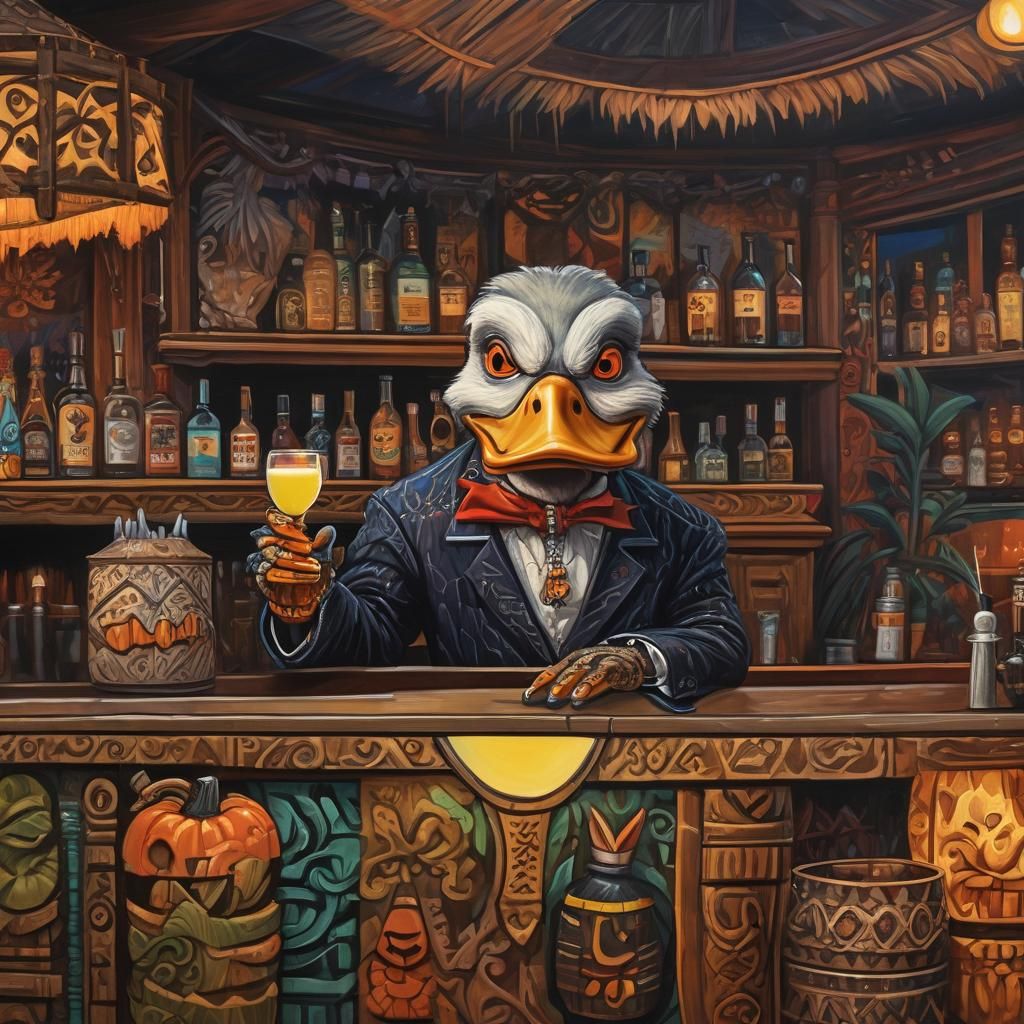 Vampire Duck Bartender in Retro Halloween Tiki Bar