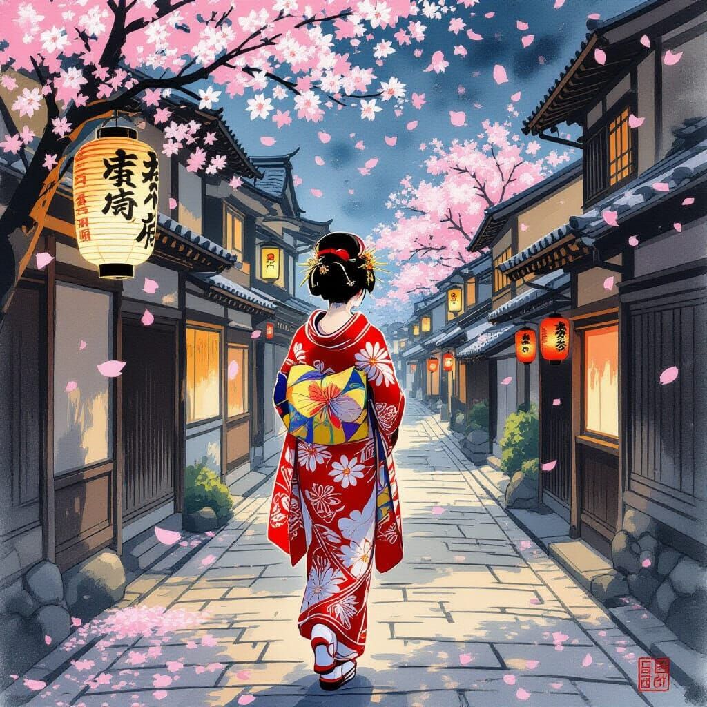 Geisha in Edo Street: Woodblock Print Style