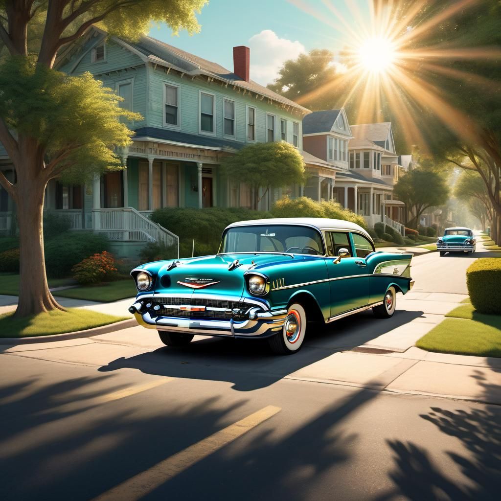 1957 Chevy Drives Through Sunny Neighborhood