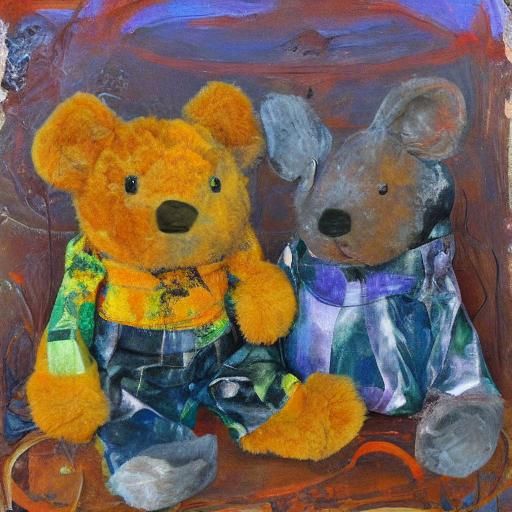 Mice in Teddy Bear Nest: Expressionist Oil Painting