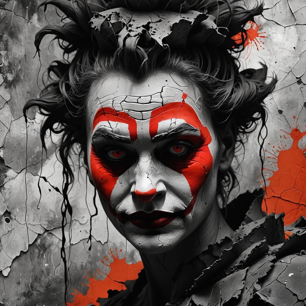 Grayscale Clown Face Melds in Gritty Surreal Art