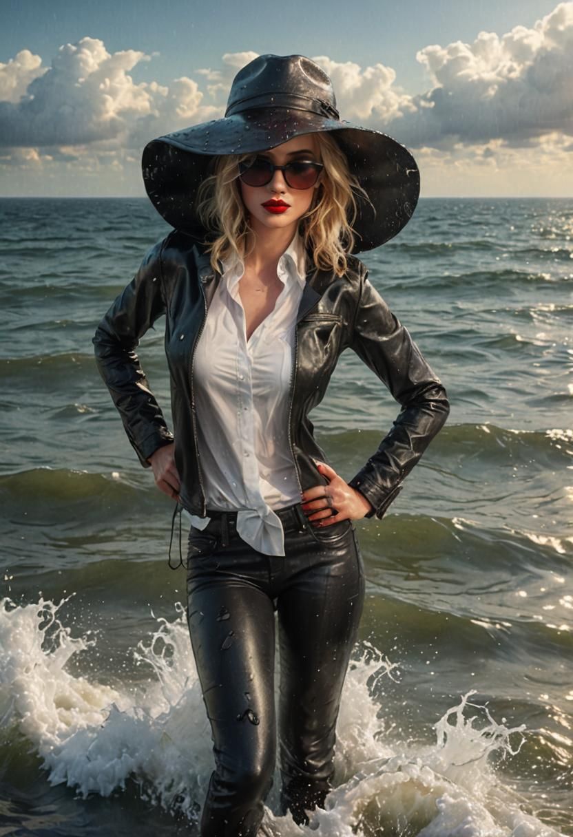 Glamorous Woman in Wet Clothes by the Sea
