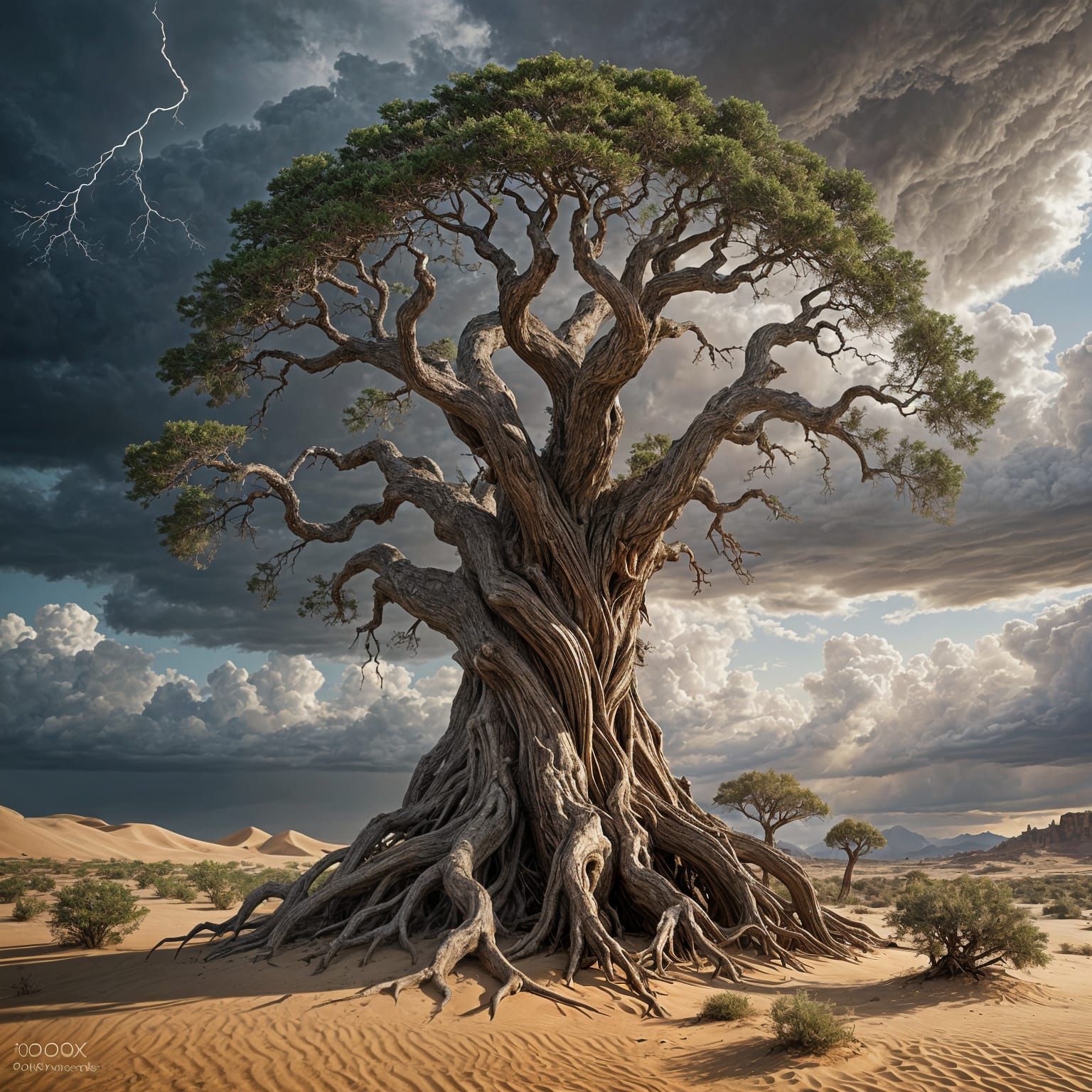 Ancient Tree in Barren Desert Under Stormy Sky