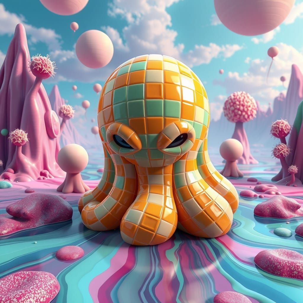 Ceramic Slime Creature in Hyper-Colorful Dreamscape