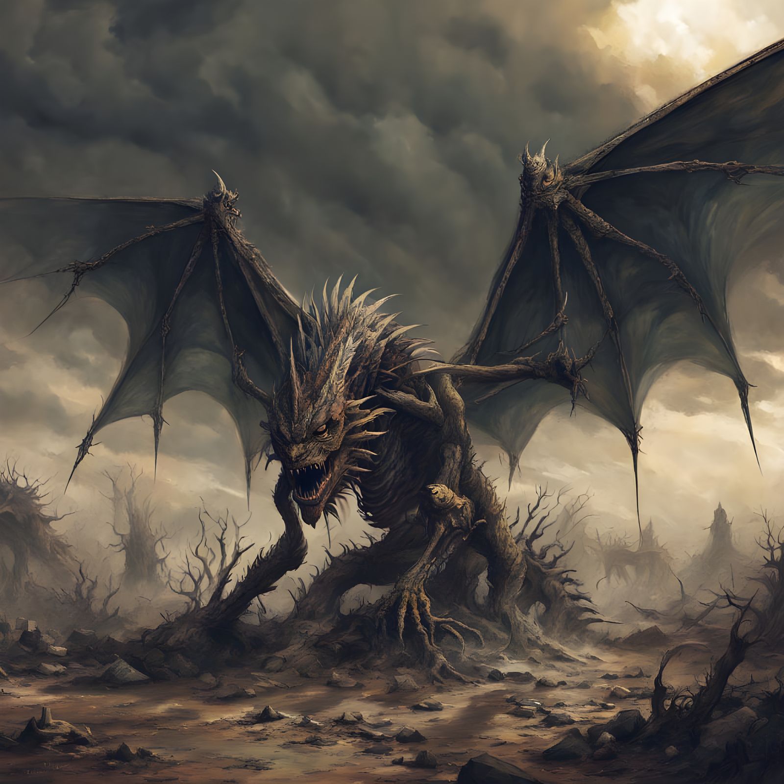 Gigantic Draconic Skeleton Electrified in Epic Landscape