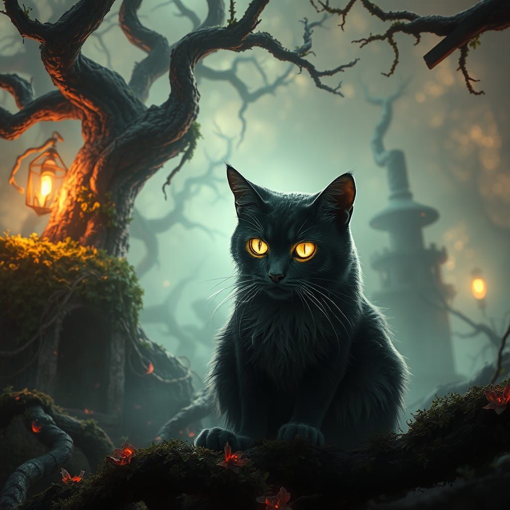 Cursed Cat with Glowing Eyes in Eerie Landscape
