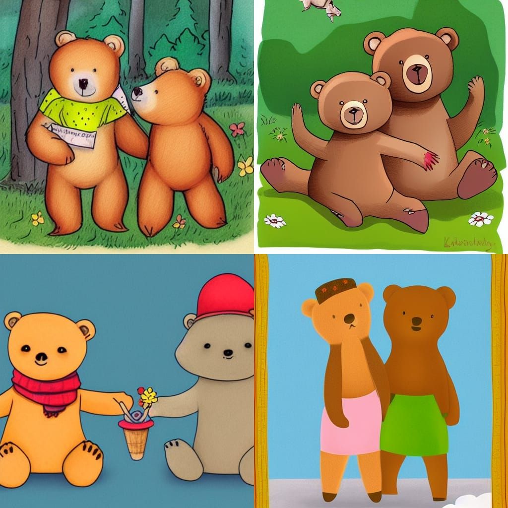 Two Whimsical Bears in Storybook Illustration