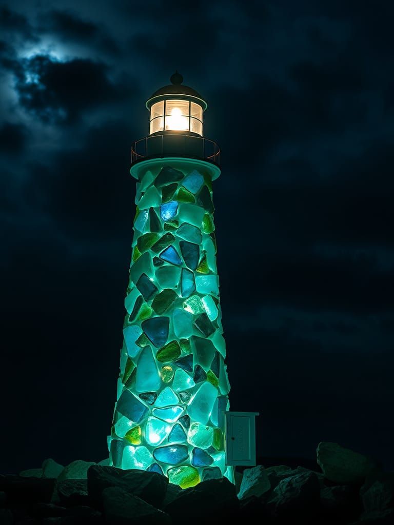 Glowing Emerald and Cobalt Sea Glass Lighthouse at Night