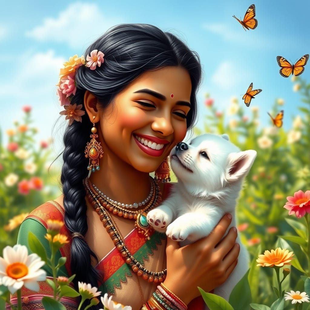 Joyful Indian Tribal Woman in Spring Garden with Dog and But...