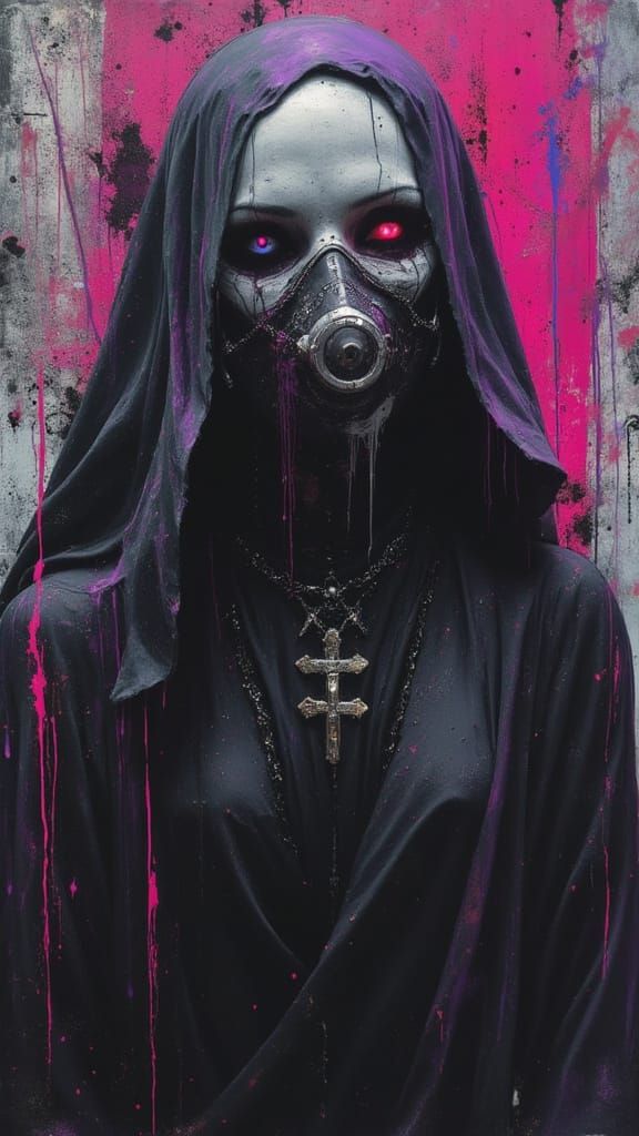 Cyberpunk Nun With Ghostly Face And Neon Accents