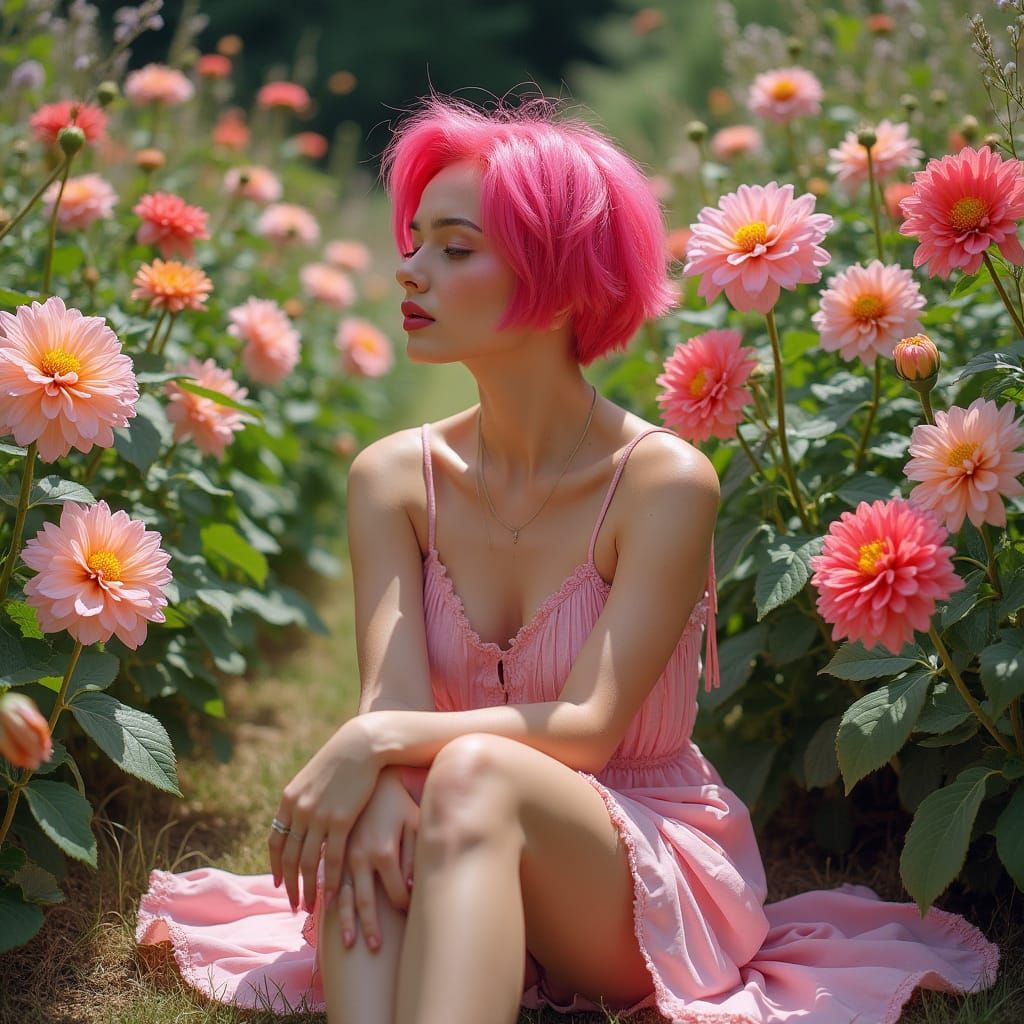 Woman in a Vibrant Garden with Dahlias and Roses, in Impress...