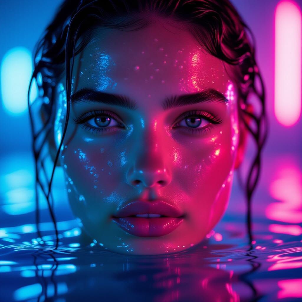 Hyper-Realistic Portrait of Woman Partially Submerged in Wat...