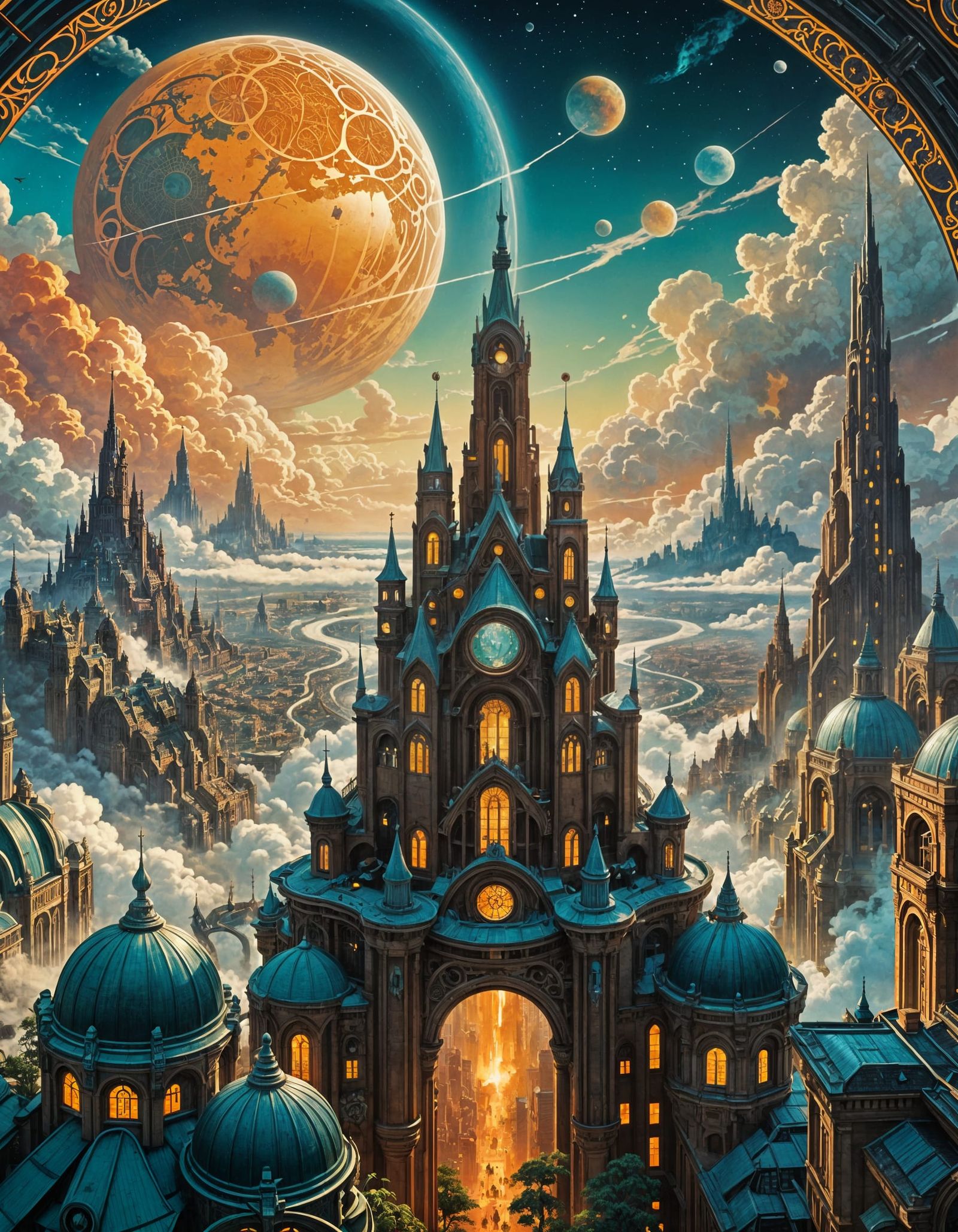 Retro Sci-Fi City in Art Nouveau Style