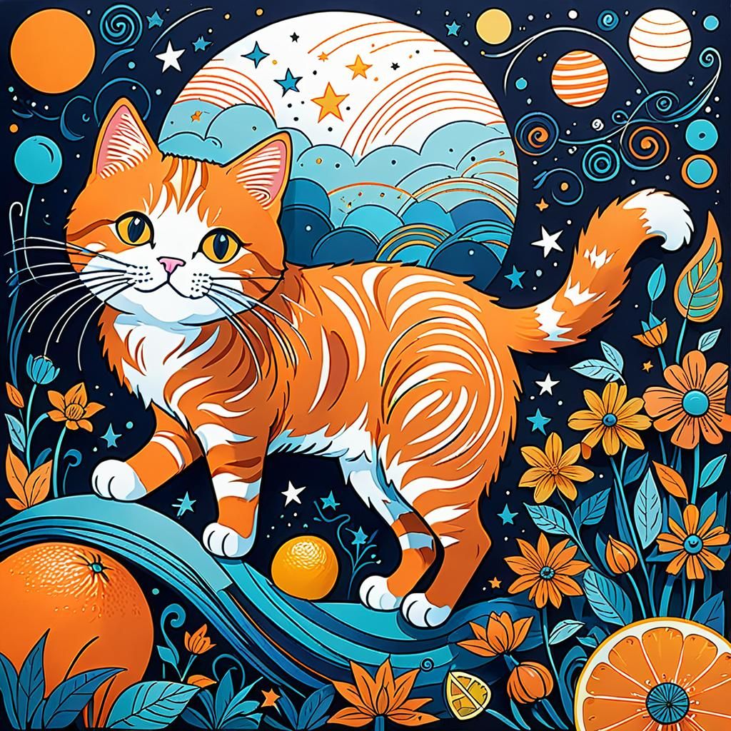 Whimsical Orange Cat World in Doodle Style