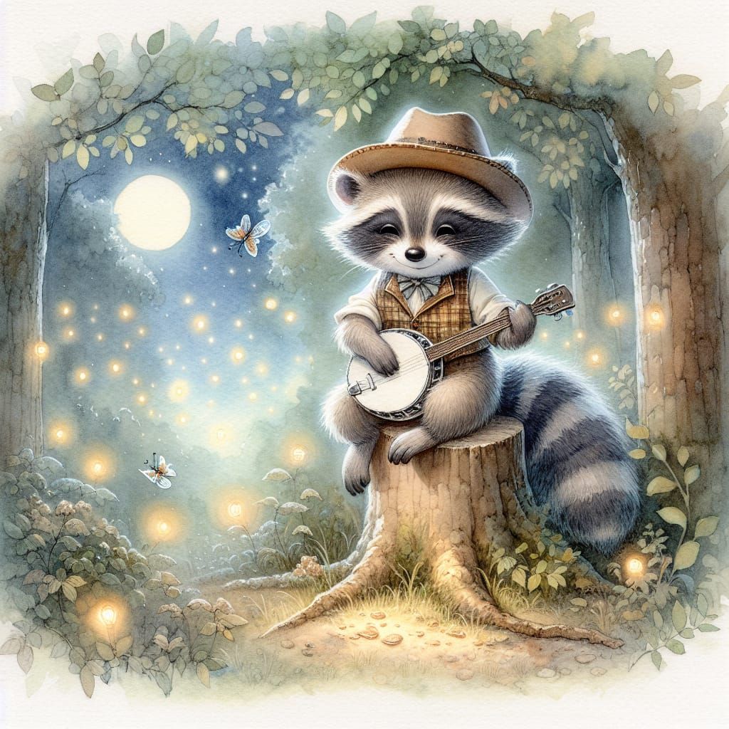 Raccoon Cowboy's Moonlit Banjo Serenade in Watercolor