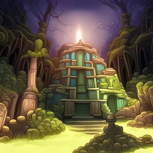 Bioluminescent Fractal Mayan Temple Cartoon