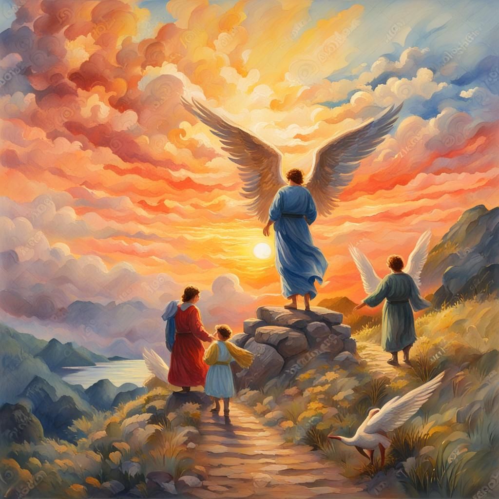 Angels Helping Person at Sunset: Gouache Impressionist Paint...