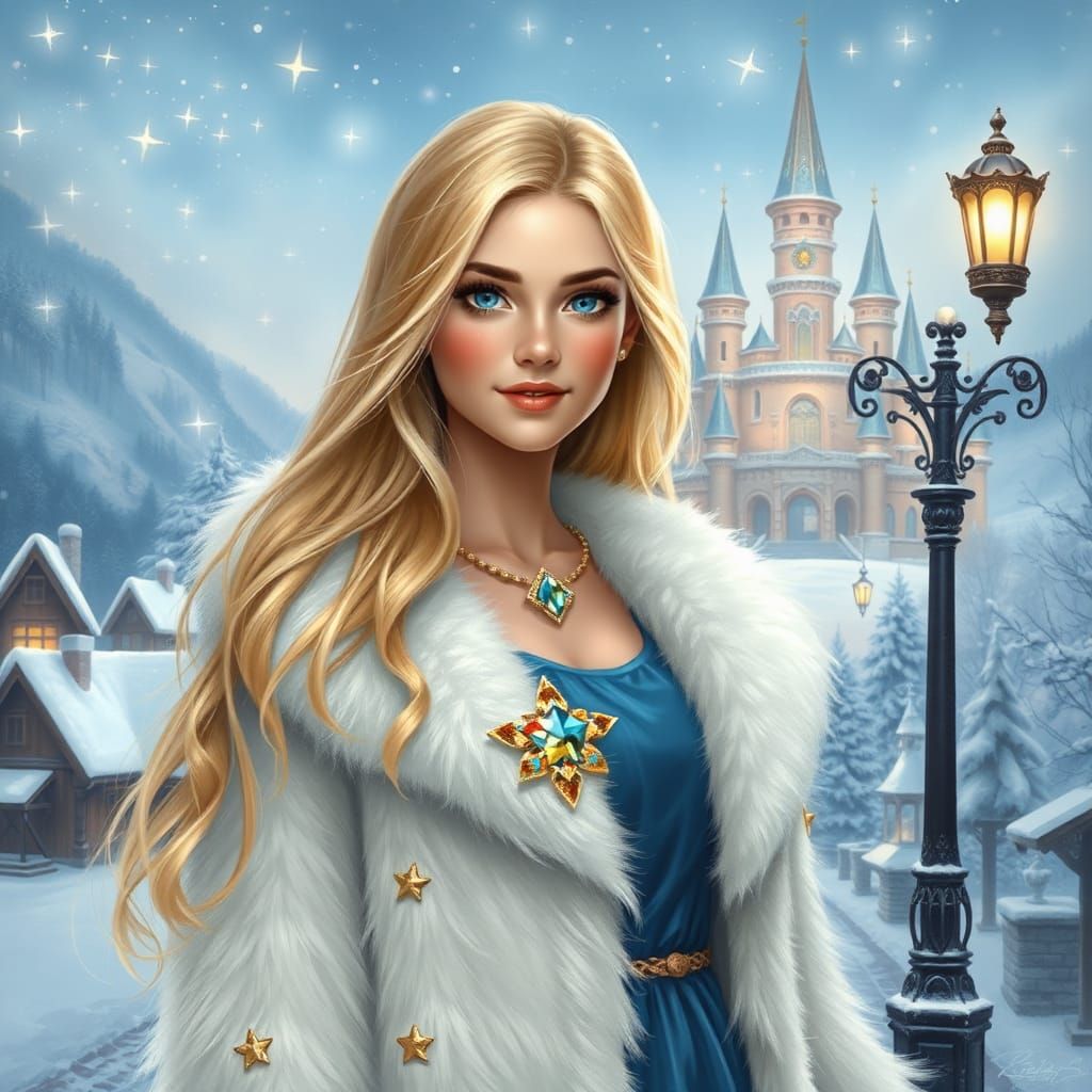 Enchanting Woman in Snowy Village, Digital Oil Painting