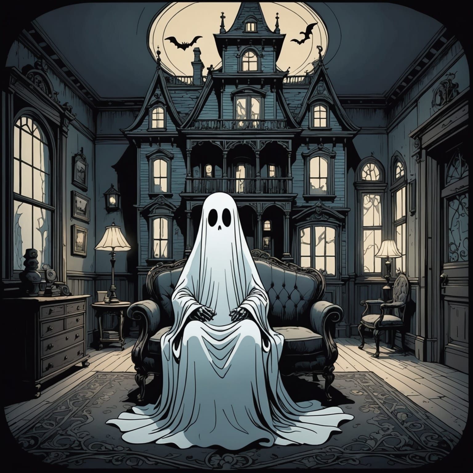Cartoon Ghost in Victorian Home, Tim Burton Style