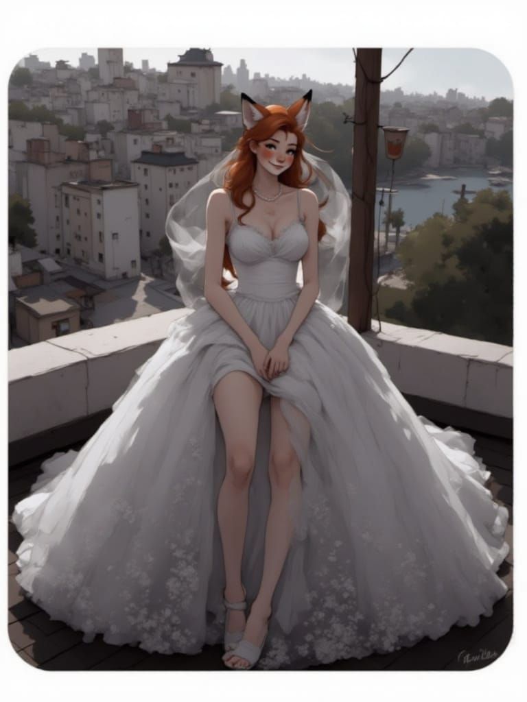 Fox-girl Vixen modeling a wedding dress.
