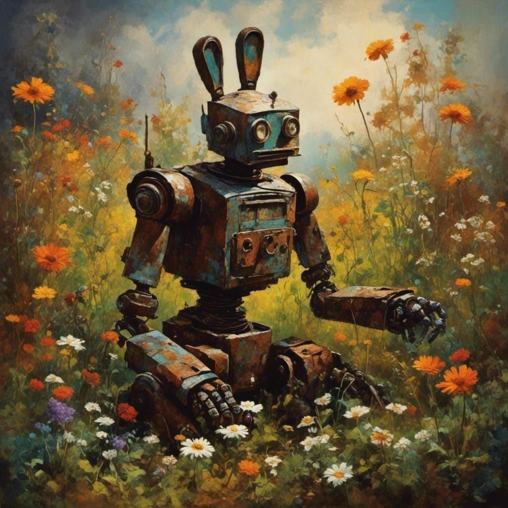 Giant Robot in Flower Garden with Daisy