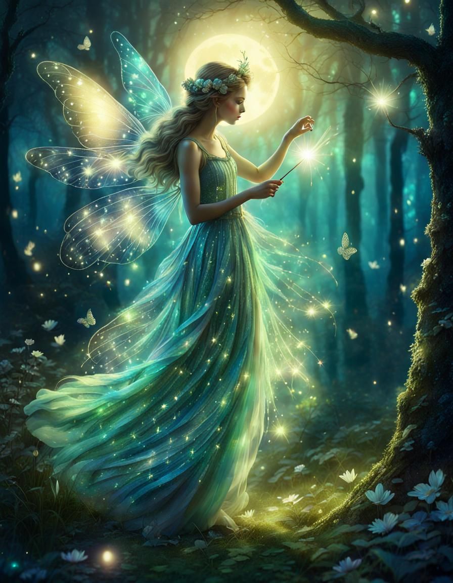 Ethereal Spring Fairy Dancing in Moonlight: Vintage Illustra...