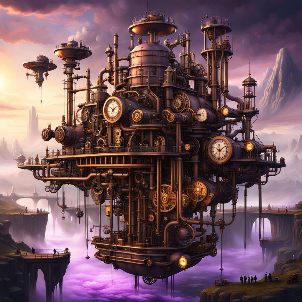 Steampunk Flying Island with Clockwork Engine