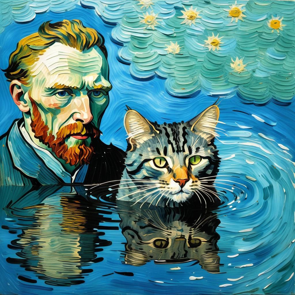 Water Cat Self-Portrait in Gouache, Van Gogh Style