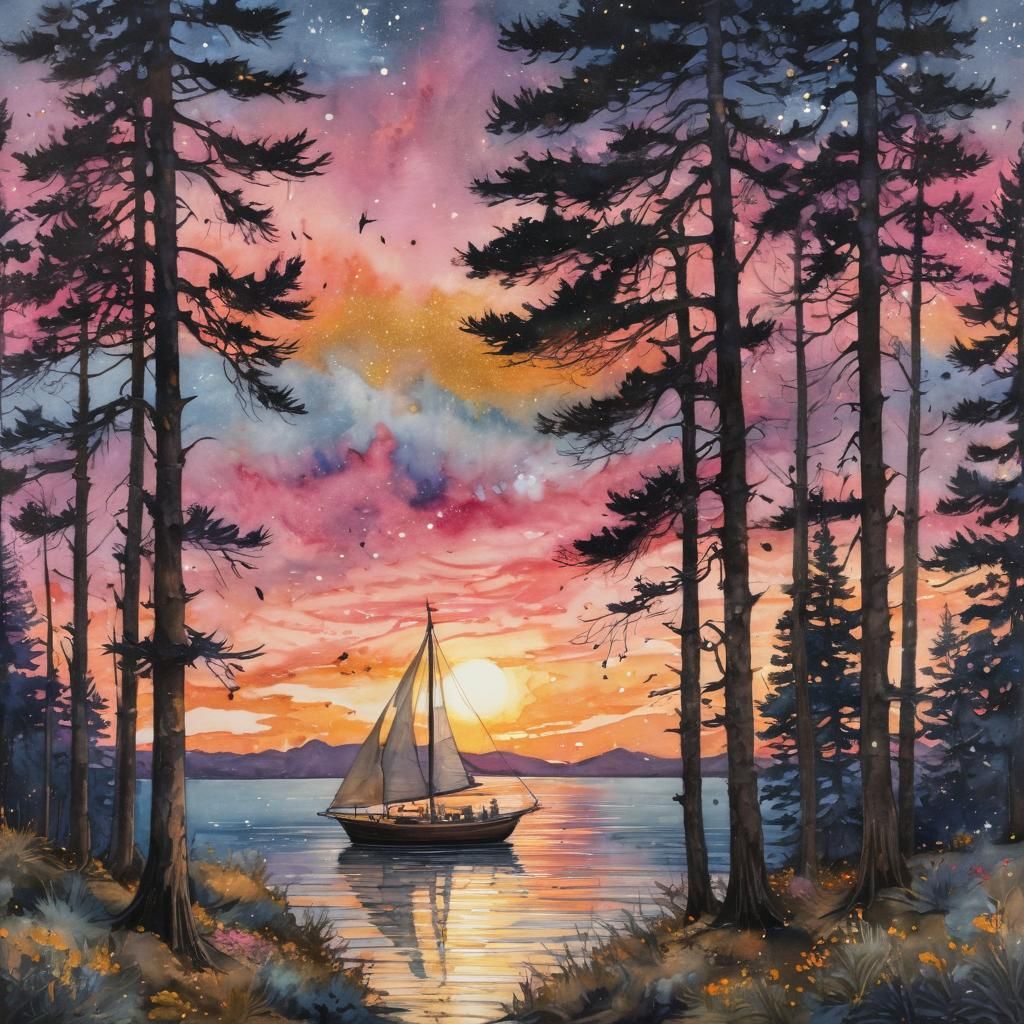 Coastal Home at Sunset in Impressionist Style