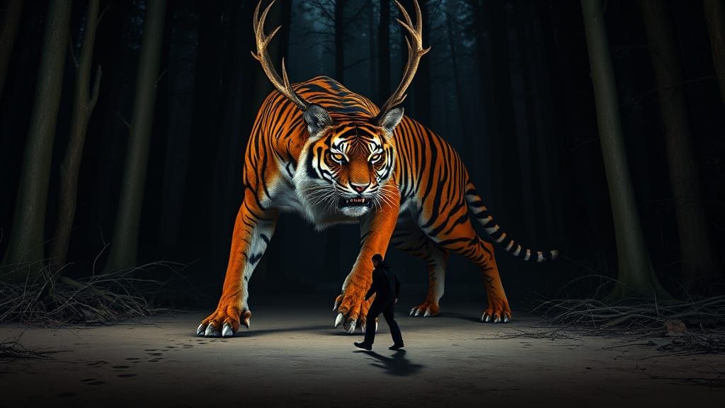 Cyberpunk Tiger-Deer Hybrid in Dark Forest