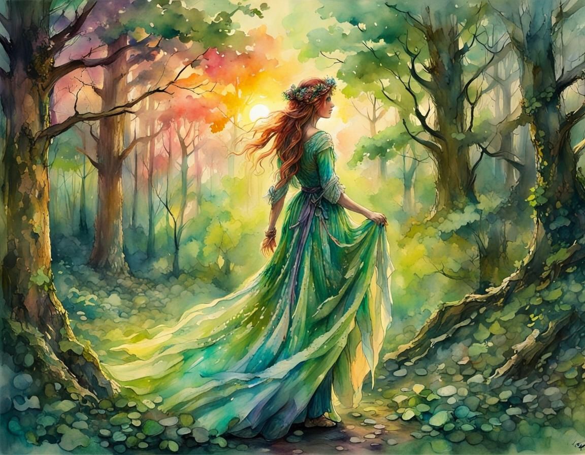 Sunset in Verdant Glen: Aetherpunk Watercolor Art