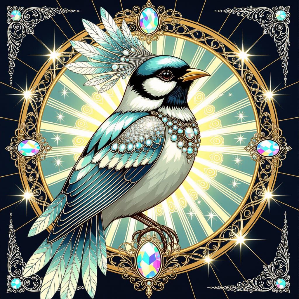 Chrome and Crystal Bird Portrait in Art Nouveau Style