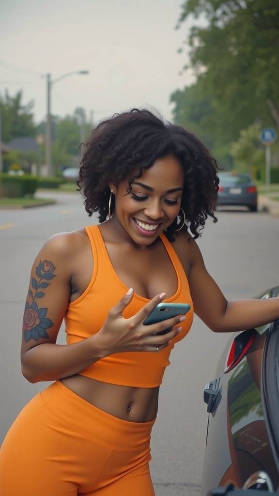 Happy Black Woman with Rose Tattoo on Arm