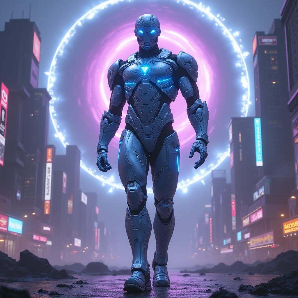 Cyberpunk Hero in Dystopian Metropolis