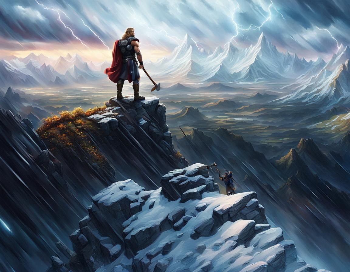 Thor on Mountain Peak in Stormy Landscape
