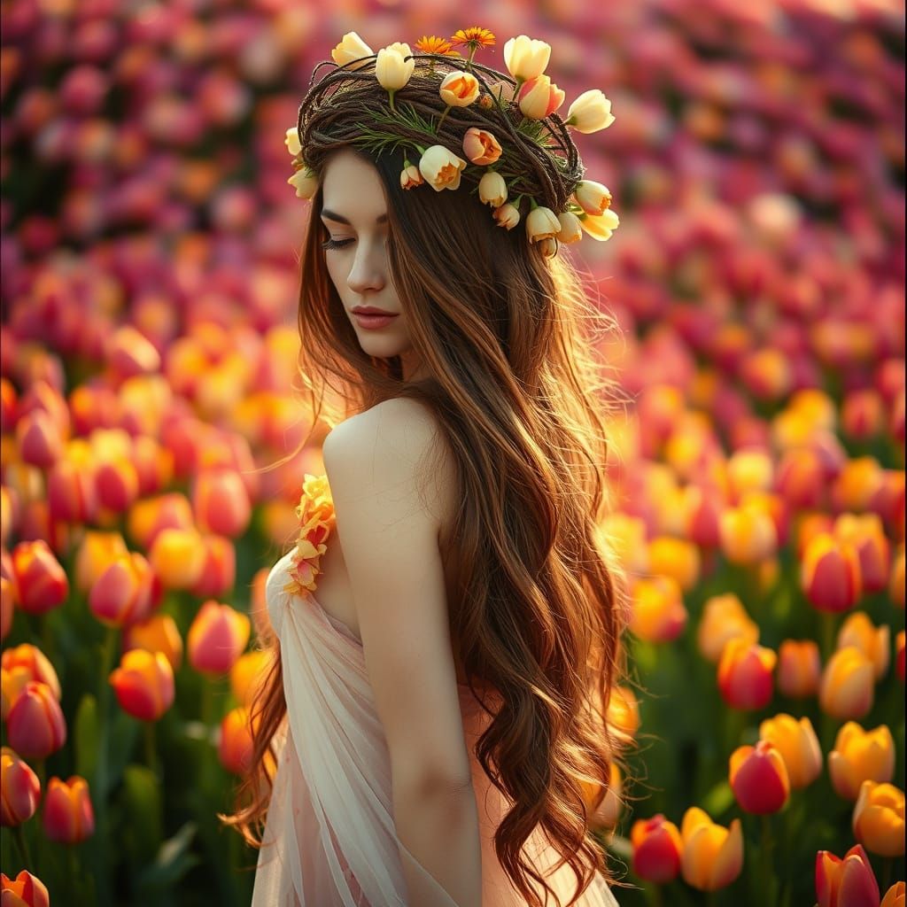 Lady Amidst Tulip Garden, Cinematic Film Still, Warm and Nos...