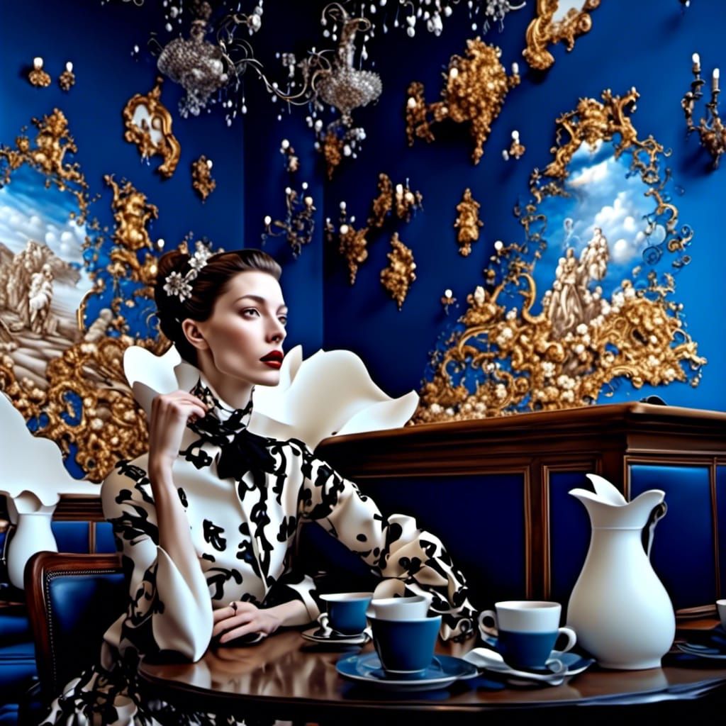 Happy Woman in Cafe with 3D Painting