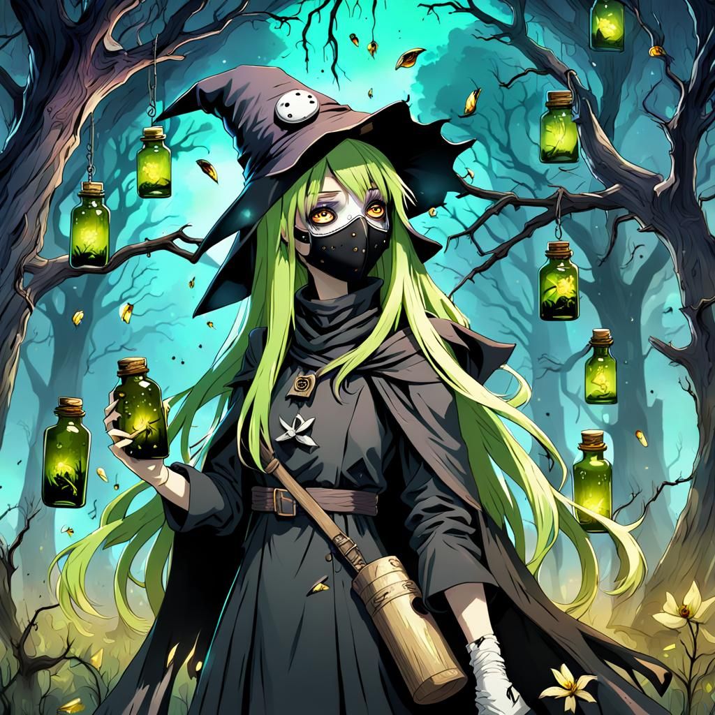 Anime Plague Doctor Girl with Fireflies