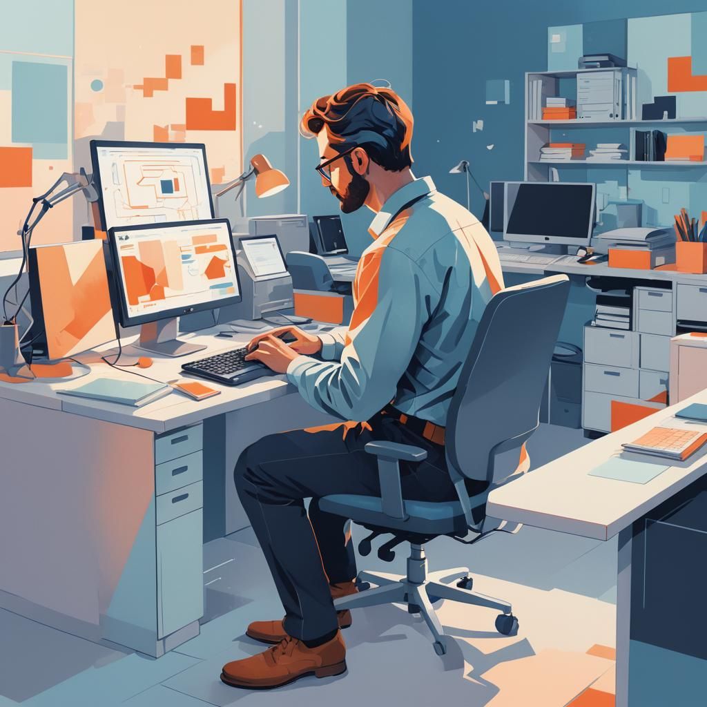 Worker at Computer in Abstract Digital Art