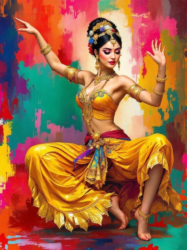 Malaysian Dancer in Golden Outfit, Neo-Impressionist Style