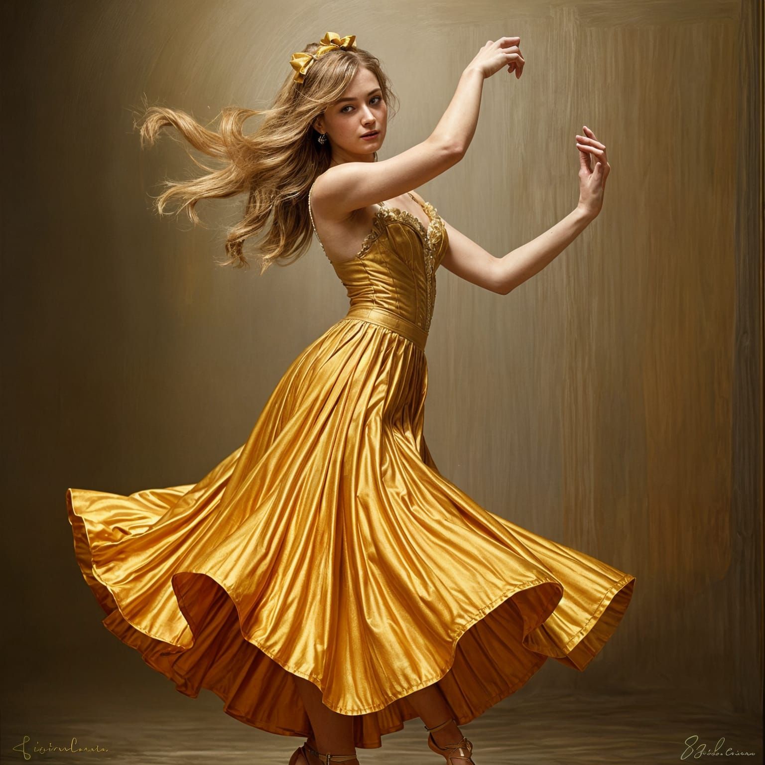 Ballerina in Gold Dress, Art Nouveau Style
