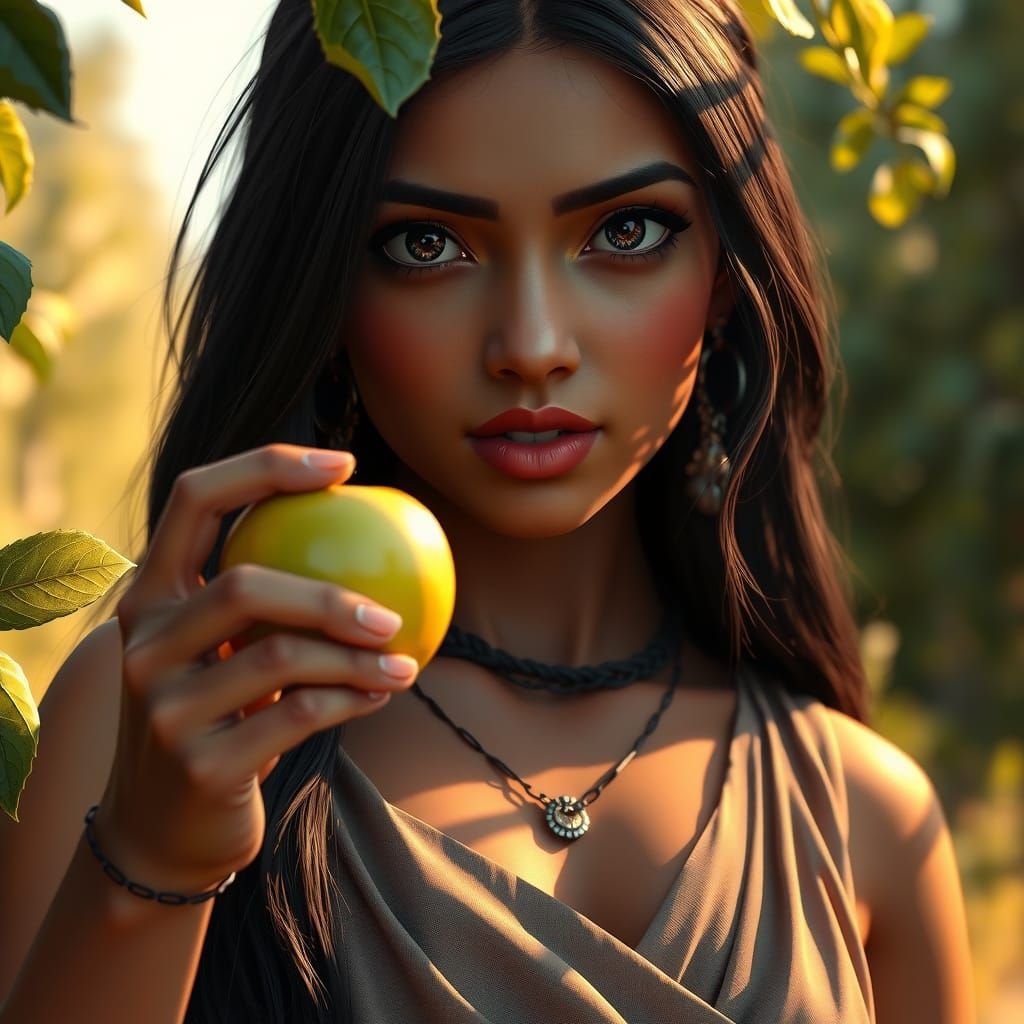 Pocahontas Picks Apple in Sunlit Orchard