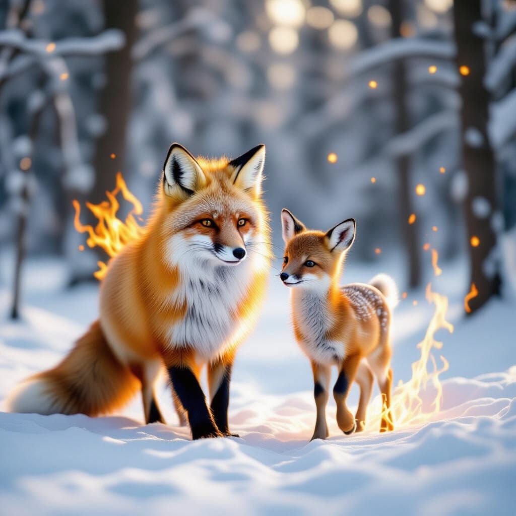 Fiery Fox and Fawn in Snowy Forest, Double Exposure