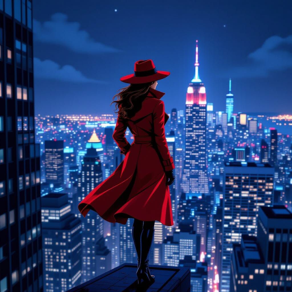 Carmen Sandiego in Futuristic Noir New York Nightscape
