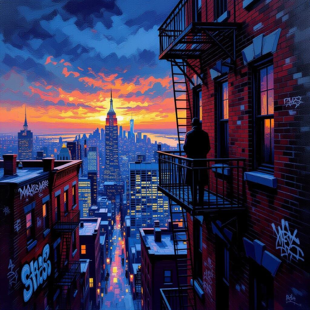 Figure on Fire Escape Overlooking City at Twilight in Impast...