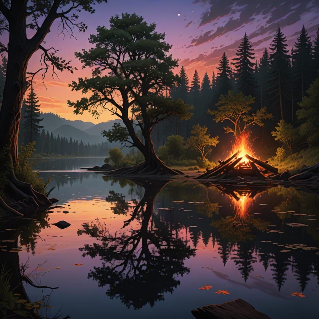 Bierstadt-Style Campfire Scene with Mystical Glow
